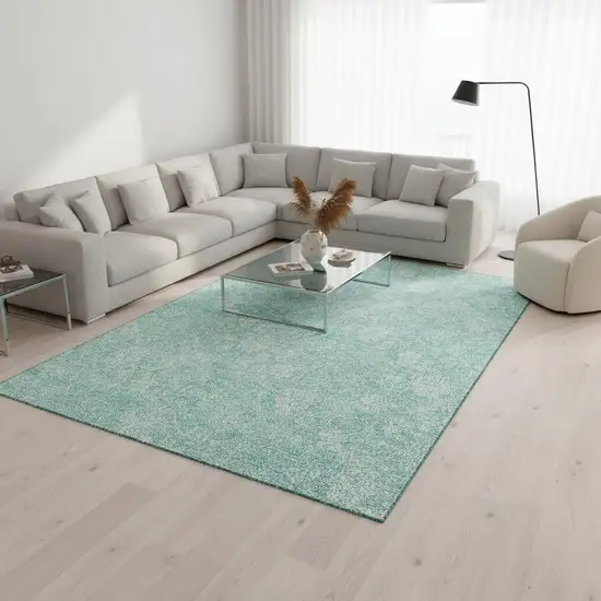 Aqua And Ivory Floral Washable Area Rug With UV Protection Photo 1