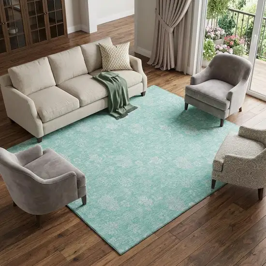 Aqua And Ivory Floral Washable Area Rug With UV Protection Photo 1