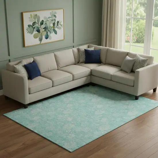Aqua And Ivory Floral Washable Area Rug With UV Protection Photo 1