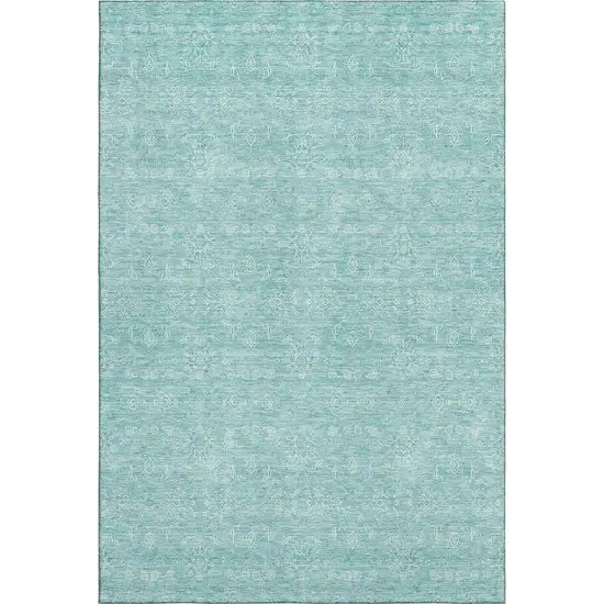 Aqua And Ivory Floral Washable Area Rug With UV Protection Photo 1