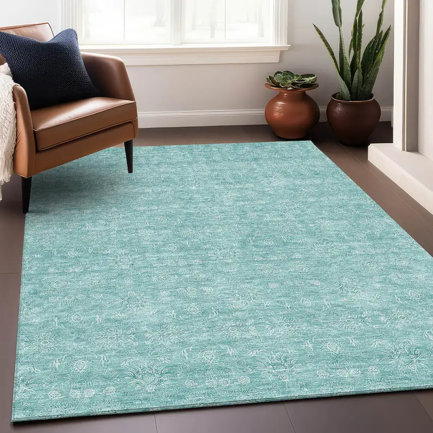 Aqua And Ivory Floral Washable Area Rug With UV Protection Photo 5