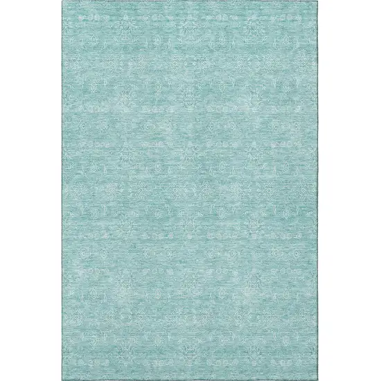 Aqua And Ivory Floral Washable Area Rug With UV Protection Photo 3