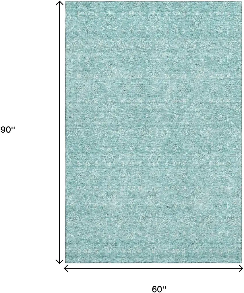Aqua And Ivory Floral Washable Area Rug With UV Protection Photo 3