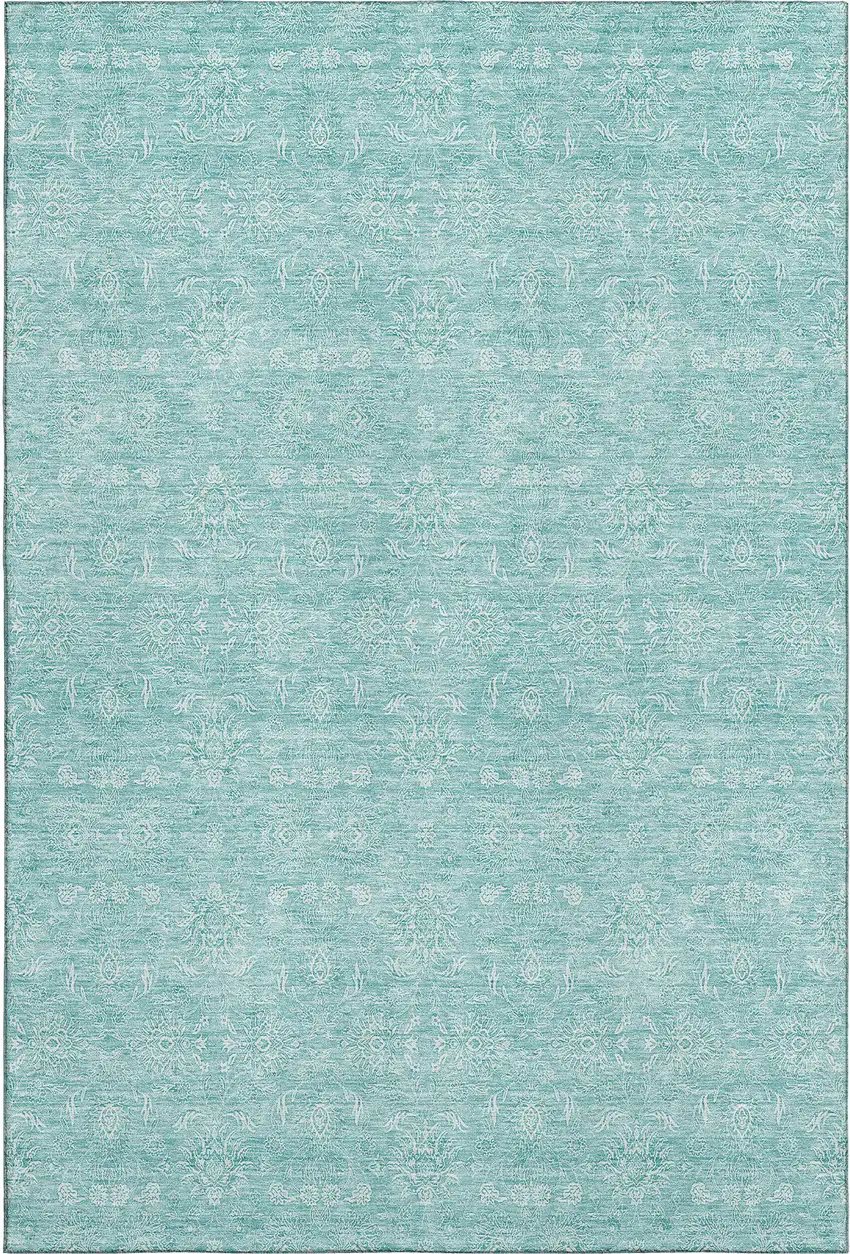 Aqua And Ivory Floral Washable Area Rug With UV Protection Photo 1