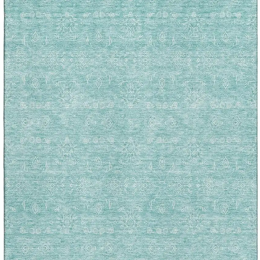 Aqua And Ivory Floral Washable Area Rug With UV Protection Photo 4