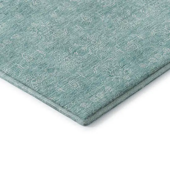 Aqua And Ivory Floral Washable Area Rug With UV Protection Photo 7