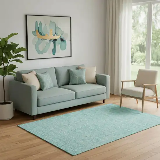 Aqua And Ivory Floral Washable Area Rug With UV Protection Photo 1