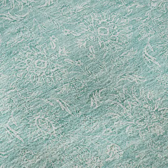 Aqua And Ivory Floral Washable Area Rug With UV Protection Photo 9