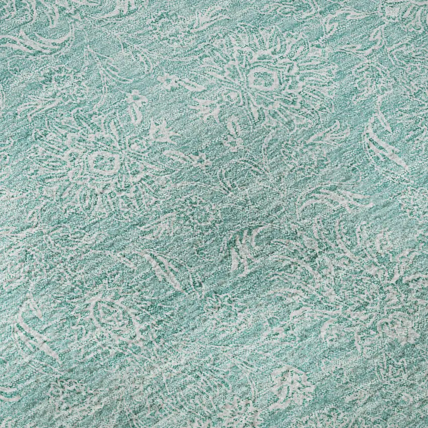 Aqua And Ivory Floral Washable Area Rug With UV Protection Photo 9