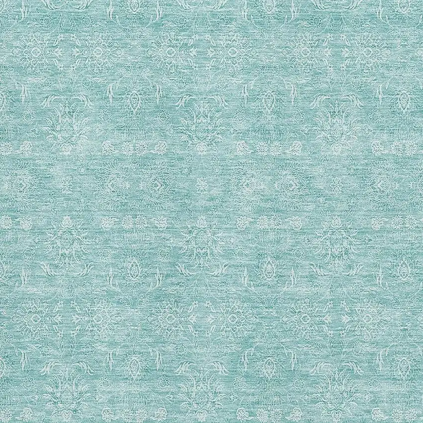 Aqua And Ivory Floral Washable Area Rug With UV Protection Photo 2