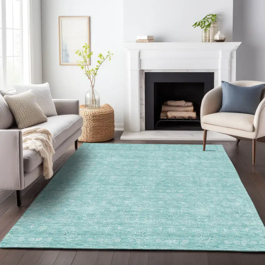 Aqua And Ivory Floral Washable Area Rug With UV Protection Photo 4
