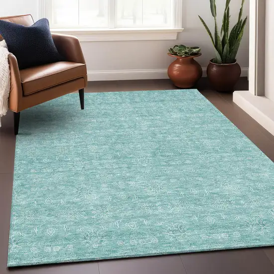 Aqua And Ivory Floral Washable Area Rug With UV Protection Photo 5