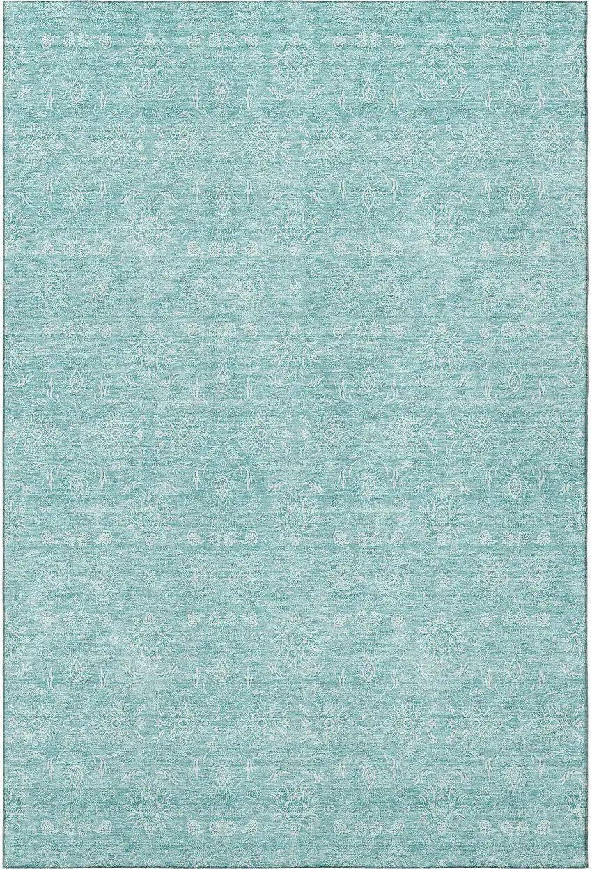 Aqua And Ivory Floral Washable Area Rug With UV Protection Photo 3