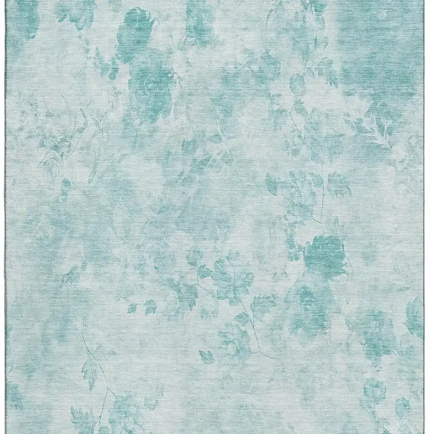 Aqua And Ivory Floral Washable Area Rug With UV Protection Photo 3