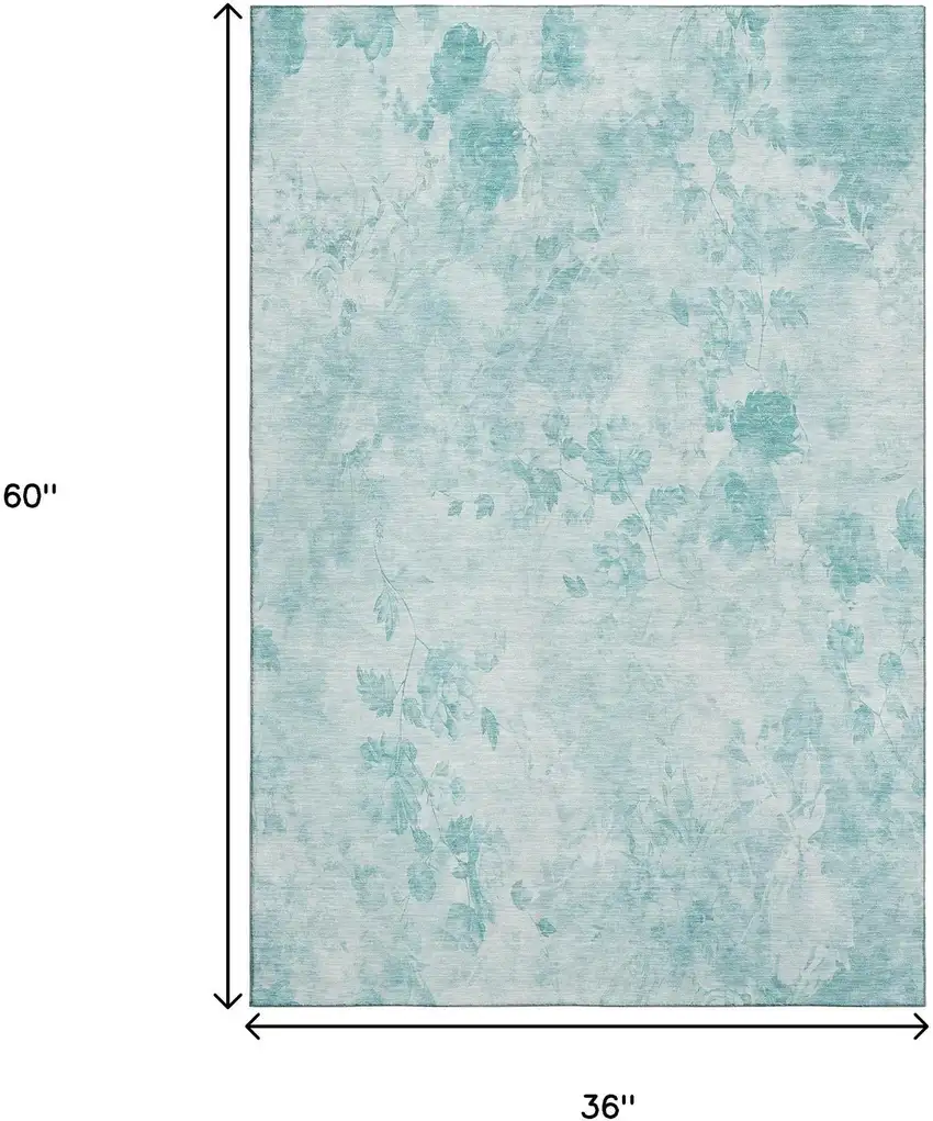 Aqua And Ivory Floral Washable Area Rug With UV Protection Photo 3