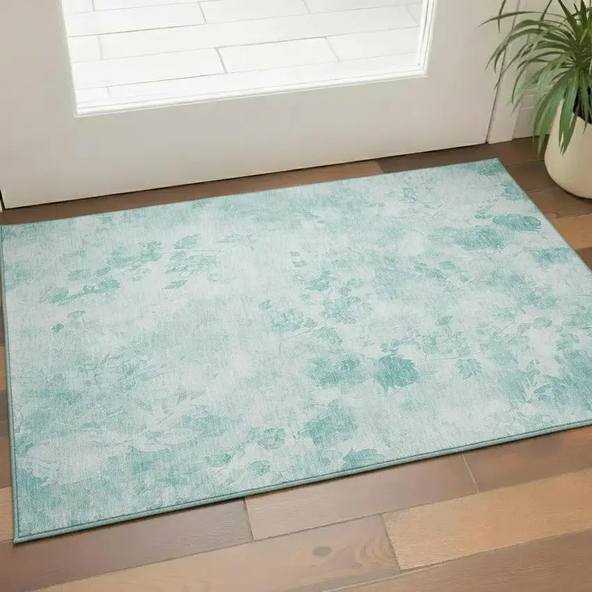 Aqua And Ivory Floral Washable Area Rug With UV Protection Photo 1