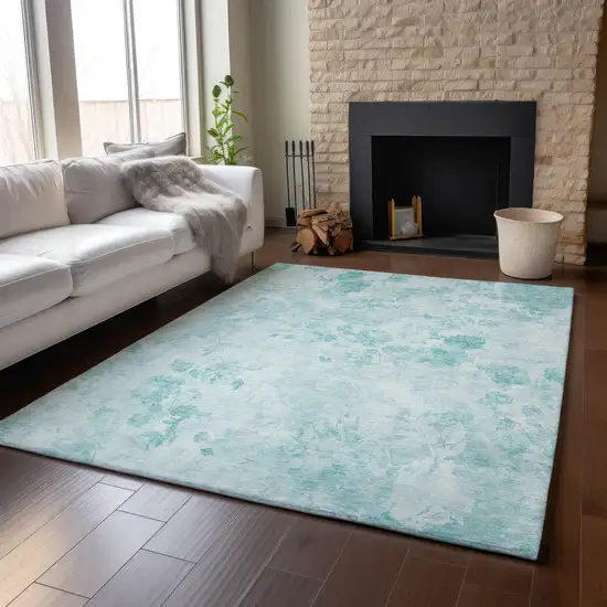 Aqua And Ivory Floral Washable Area Rug With UV Protection Photo 5