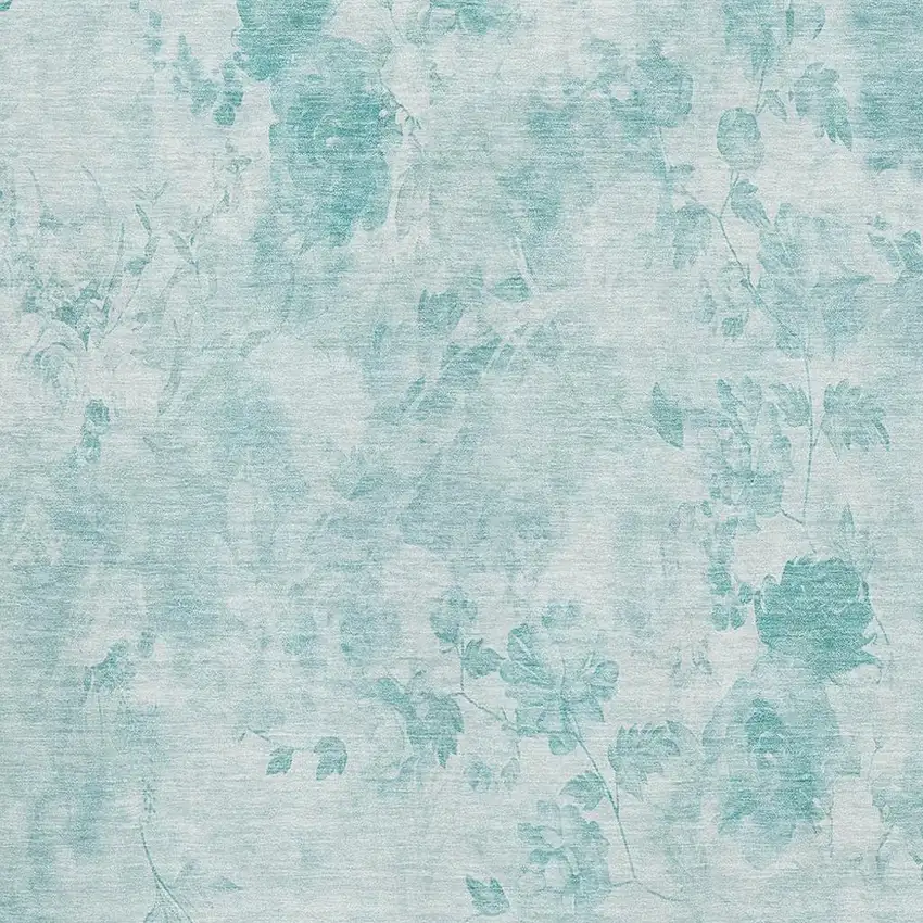 Aqua And Ivory Floral Washable Area Rug With UV Protection Photo 2