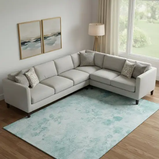 Aqua And Ivory Floral Washable Area Rug With UV Protection Photo 1