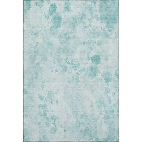 Aqua And Ivory Floral Washable Area Rug With UV Protection Photo 1