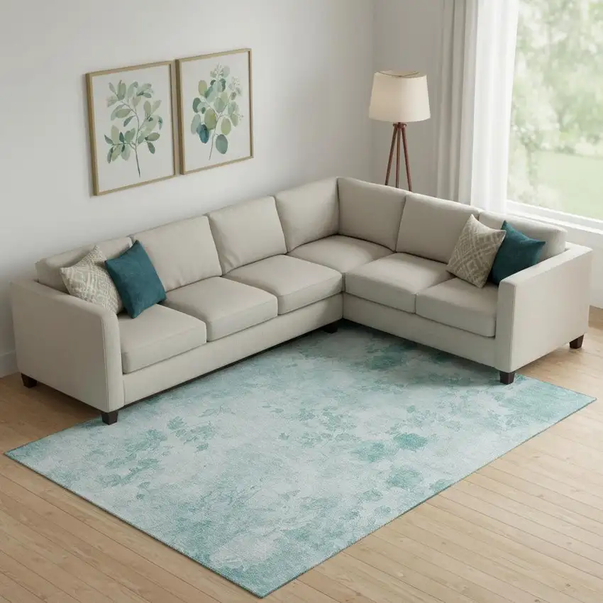 Aqua And Ivory Floral Washable Area Rug With UV Protection Photo 1