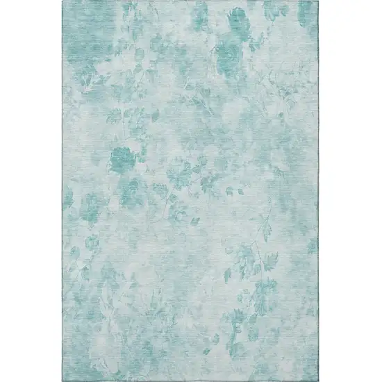 Aqua And Ivory Floral Washable Area Rug With UV Protection Photo 2