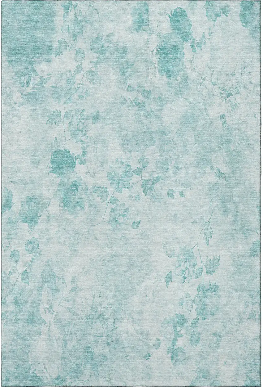 Aqua And Ivory Floral Washable Area Rug With UV Protection Photo 2