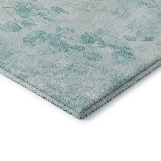 Aqua And Ivory Floral Washable Area Rug With UV Protection Photo 6