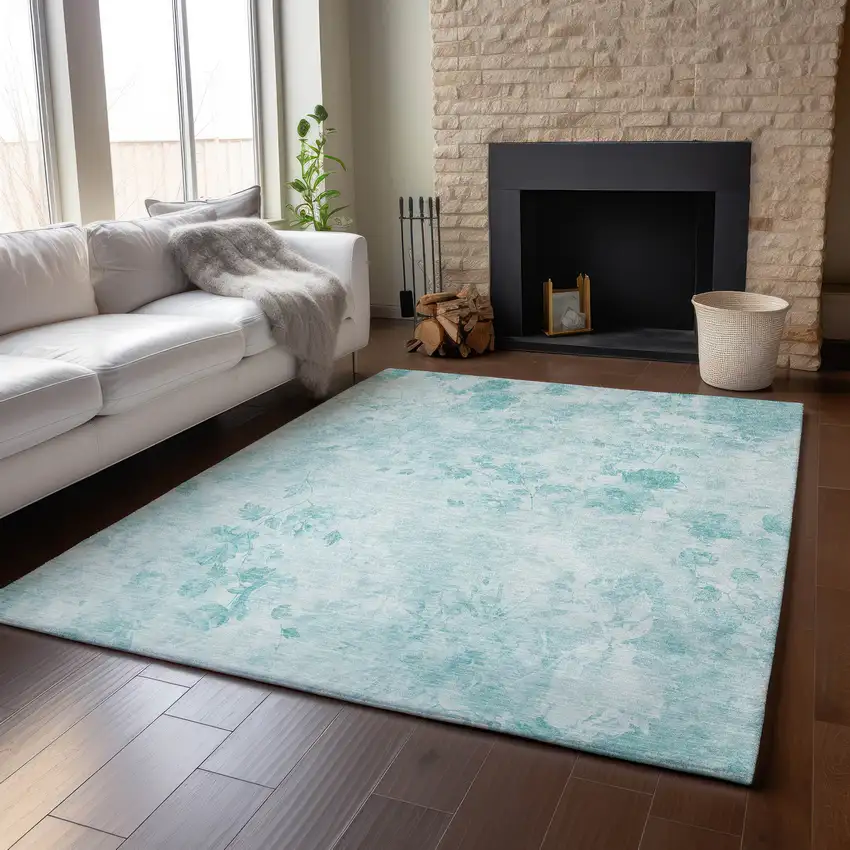Aqua And Ivory Floral Washable Area Rug With UV Protection Photo 5