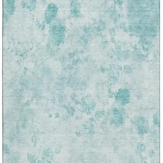 Aqua And Ivory Floral Washable Area Rug With UV Protection Photo 2