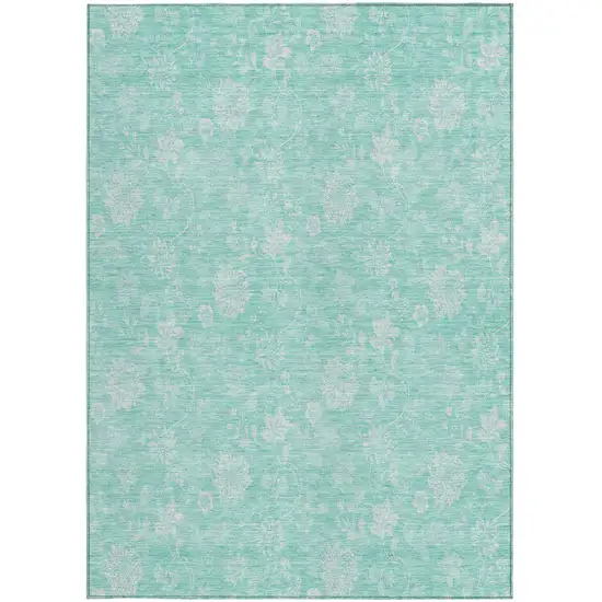 Aqua And Ivory Floral Washable Indoor Outdoor Area Rug Photo 5