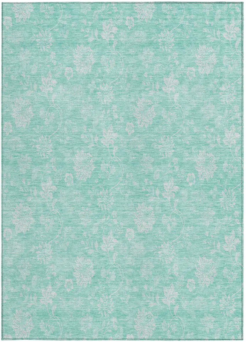 Aqua And Ivory Floral Washable Indoor Outdoor Area Rug Photo 5