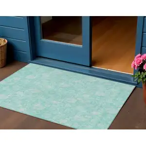 Photo of Aqua And Ivory Floral Washable Indoor Outdoor Area Rug