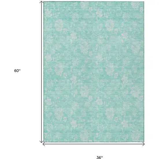 Aqua And Ivory Floral Washable Indoor Outdoor Area Rug Photo 3