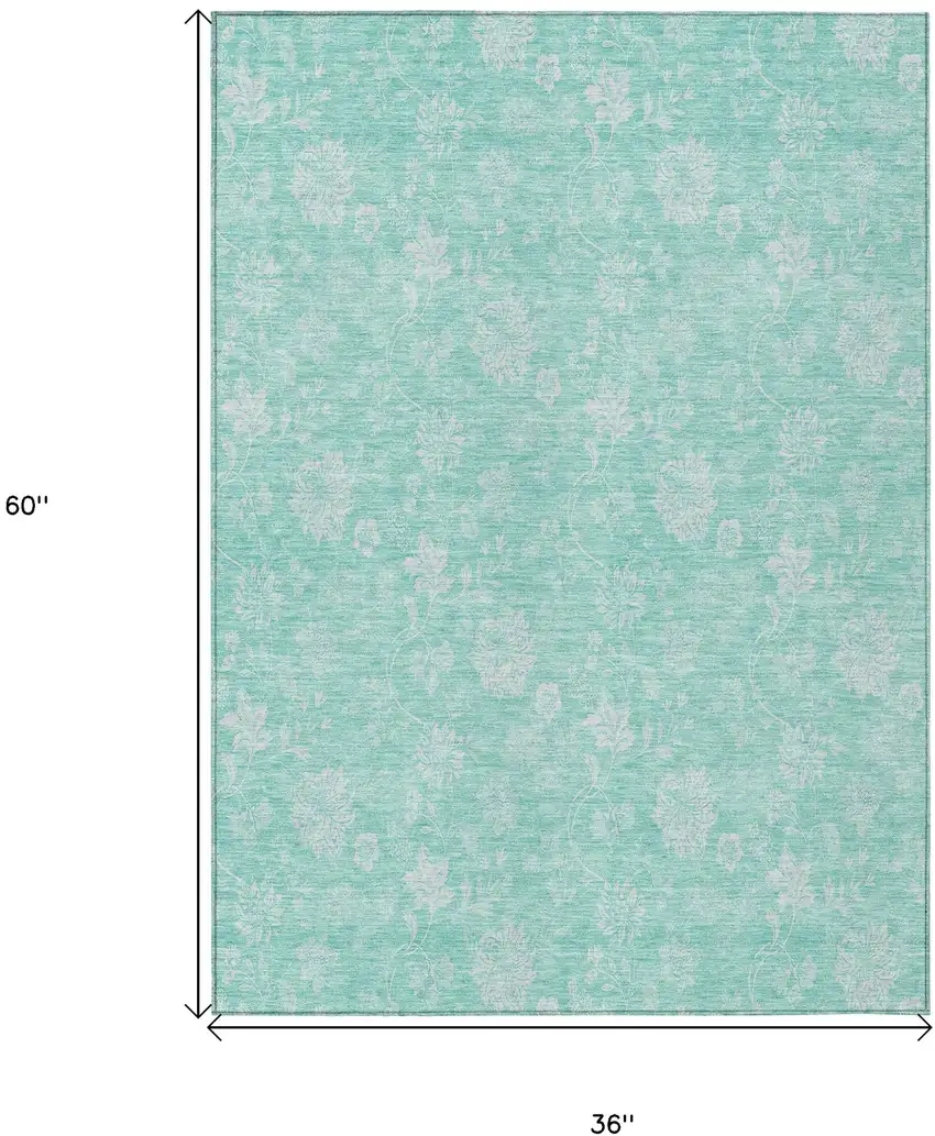 Aqua And Ivory Floral Washable Indoor Outdoor Area Rug Photo 3