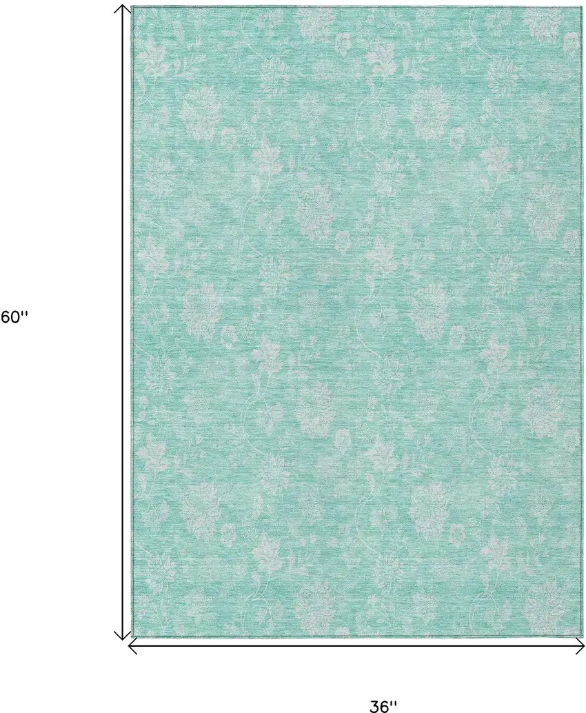 Aqua And Ivory Floral Washable Indoor Outdoor Area Rug Photo 3