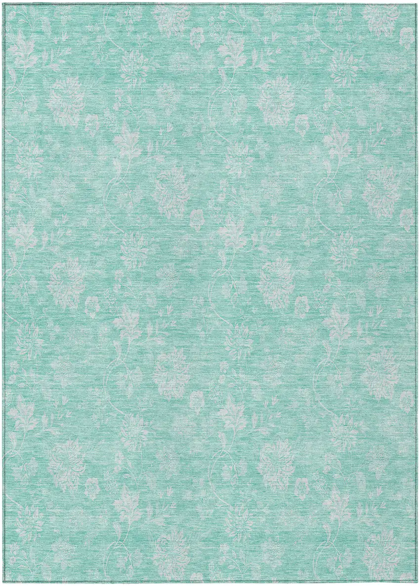Aqua And Ivory Floral Washable Indoor Outdoor Area Rug Photo 2