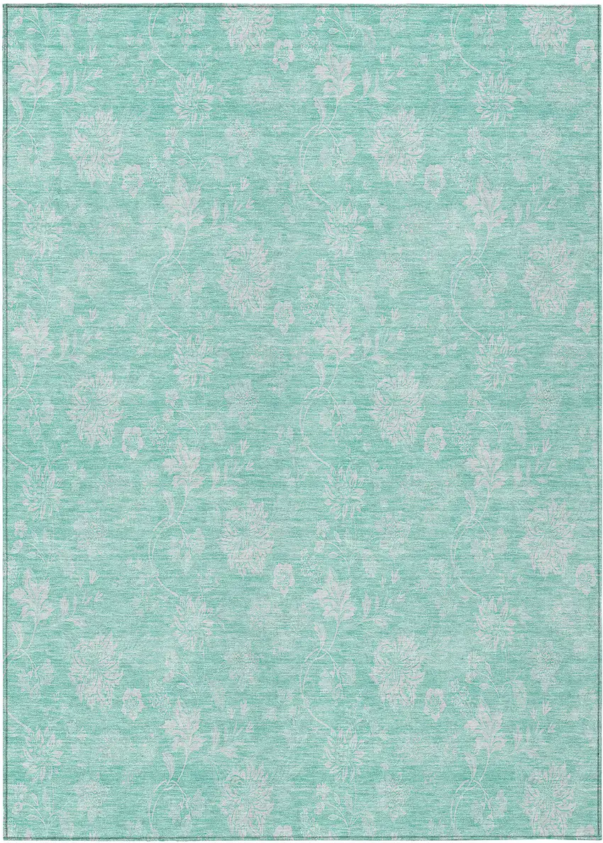 Aqua And Ivory Floral Washable Indoor Outdoor Area Rug Photo 2