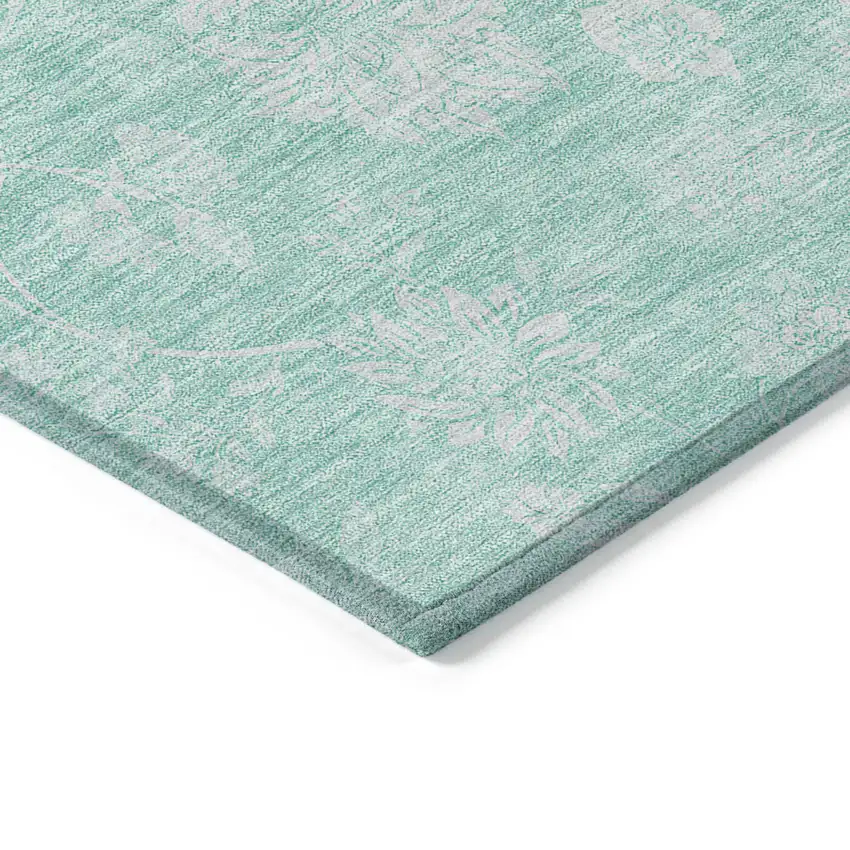 Aqua And Ivory Floral Washable Indoor Outdoor Area Rug Photo 4