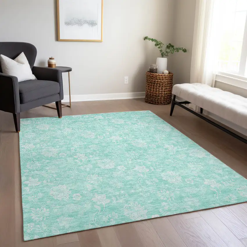 Aqua And Ivory Floral Washable Indoor Outdoor Area Rug Photo 9