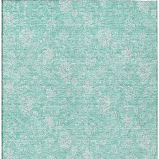 Aqua And Ivory Floral Washable Indoor Outdoor Area Rug Photo 6