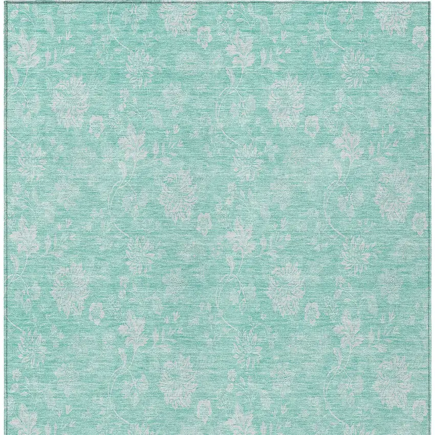 Aqua And Ivory Floral Washable Indoor Outdoor Area Rug Photo 6