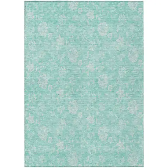 Aqua And Ivory Floral Washable Indoor Outdoor Area Rug Photo 2