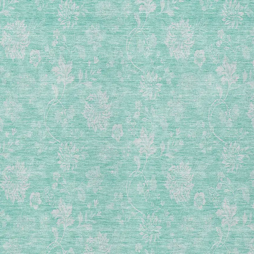 Aqua And Ivory Floral Washable Indoor Outdoor Area Rug Photo 5