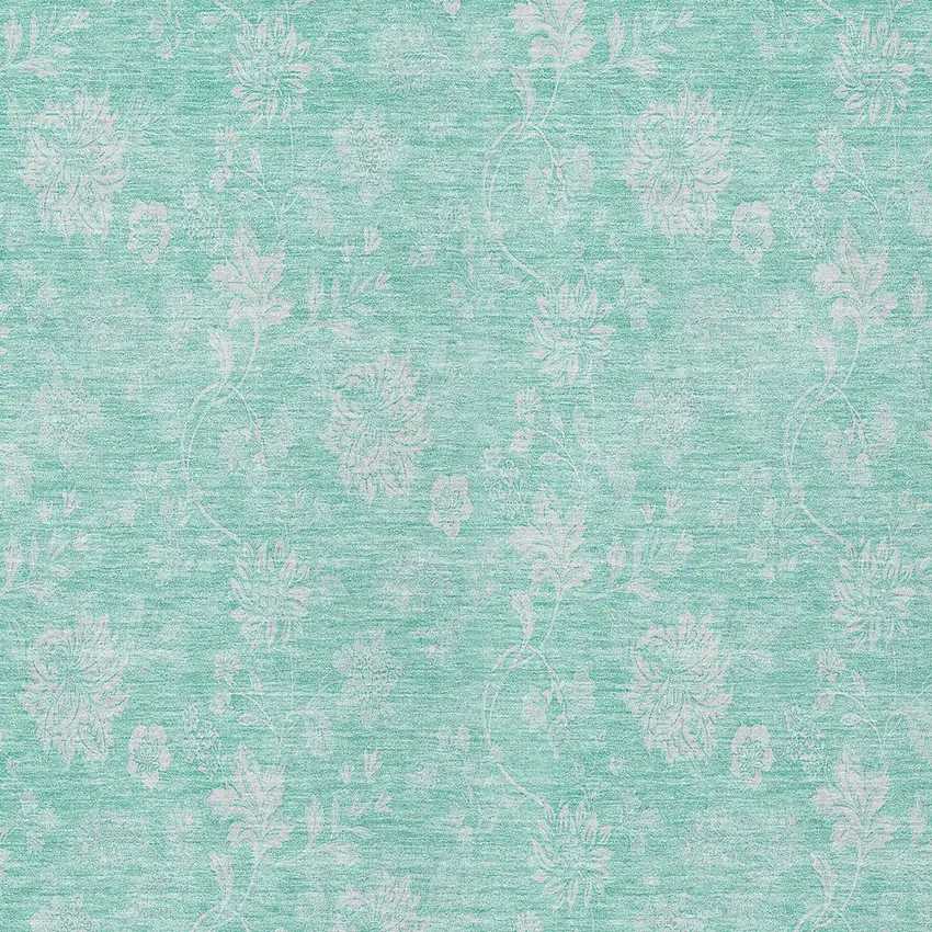 Aqua And Ivory Floral Washable Indoor Outdoor Area Rug Photo 5