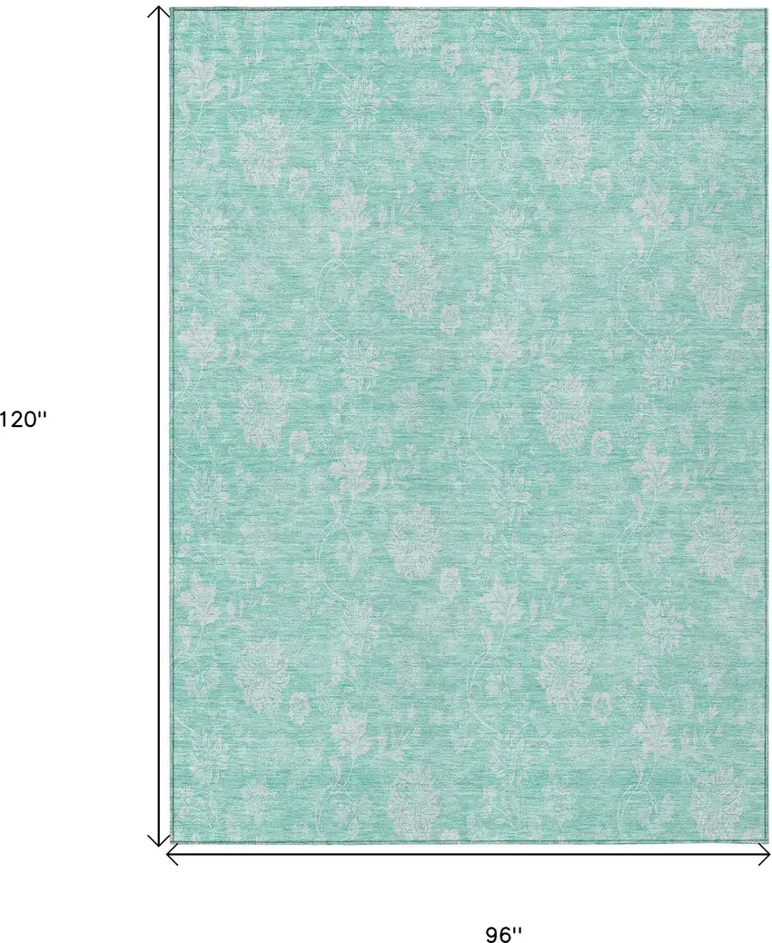 Aqua And Ivory Floral Washable Indoor Outdoor Area Rug Photo 3