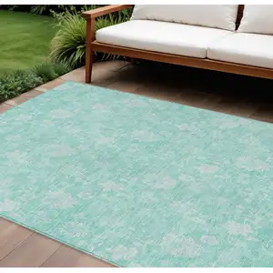 Photo of Aqua And Ivory Floral Washable Indoor Outdoor Area Rug