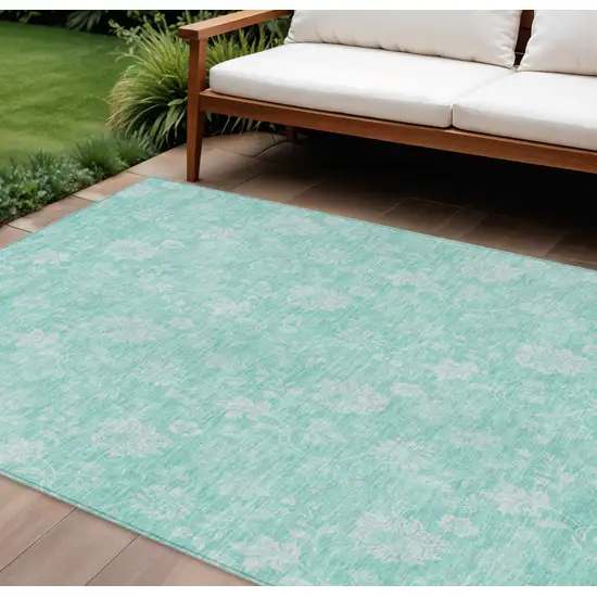 Aqua And Ivory Floral Washable Indoor Outdoor Area Rug Photo 1