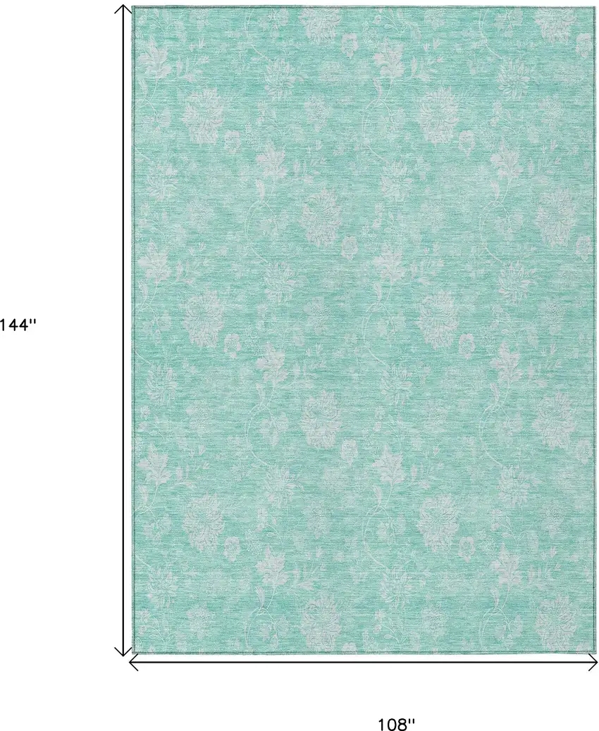 Aqua And Ivory Floral Washable Indoor Outdoor Area Rug Photo 3