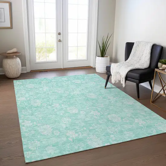 Aqua And Ivory Floral Washable Indoor Outdoor Area Rug Photo 8